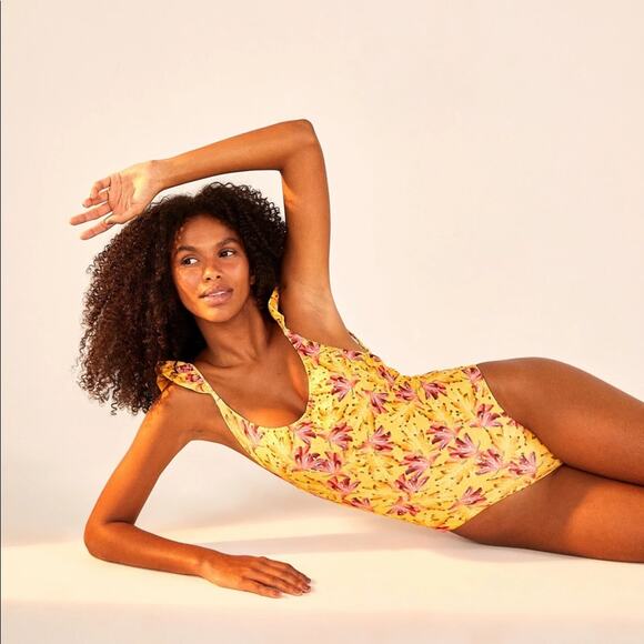 Farm Rio Banana Sunshine Frilled Ruffle Low Back One Piece Swimsuit - Picture 1 of 6